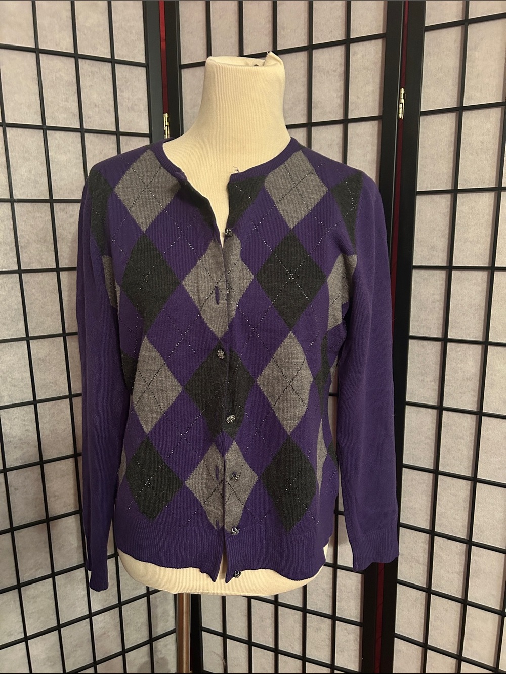 New York & Company Purple Argyle Button Cardigan with Gray and Black Diamonds